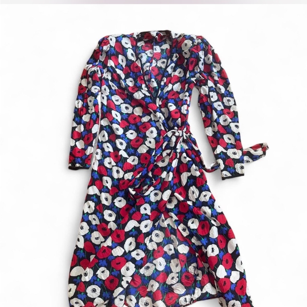 Silk Poppy Floral Wrap Midi Dress in Red, Blue & White
